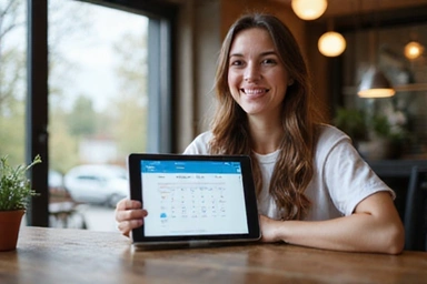 Mujer joven reservando una cita online en su tablet