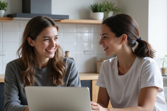 Nutricionista y paciente riendo durante una consulta de seguimiento online