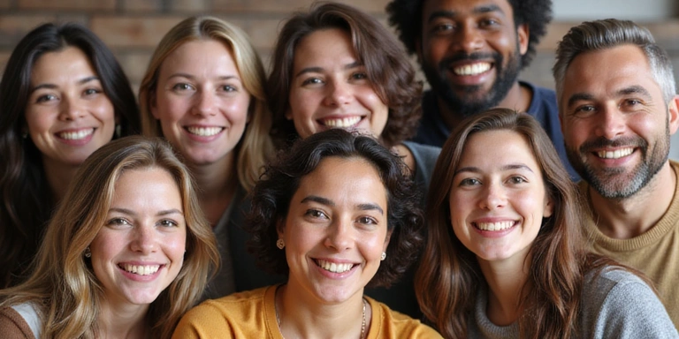 Grupo diverso de personas sonriendo, representando la satisfacción del cliente