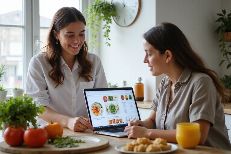 Ilustración de un nutricionista interactuando con un paciente a través de una pantalla, mostrando una dieta equilibrada.