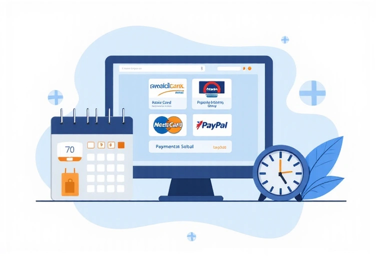 Ilustración de métodos de pago seguros como tarjetas de crédito y PayPal, con un calendario y un reloj.