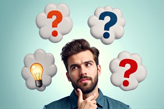 Ilustración de una persona resolviendo dudas con signos de interrogación y bombillas de ideas.