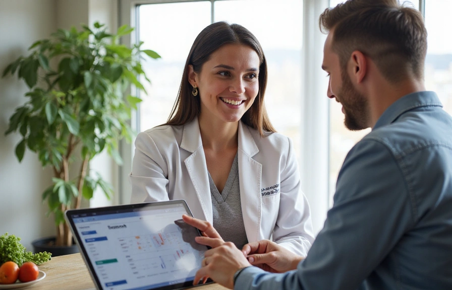 Imagen de un nutricionista explicando un plan alimenticio a un cliente en un entorno moderno y amigable.