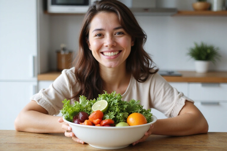 Una persona sonriente comiendo una ensalada fresca con verduras y frutas, simbolizando salud y bienestar.