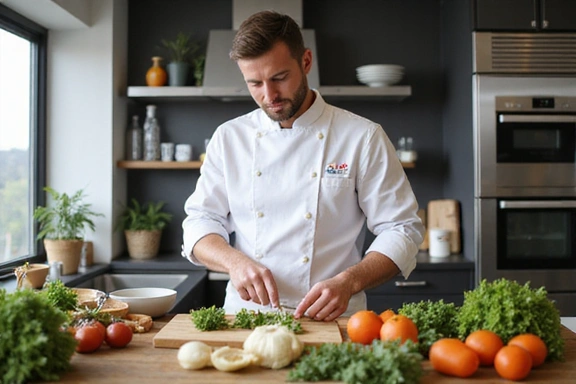Chef enseñando a cocinar platos saludables.