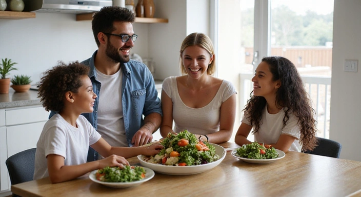 Familia feliz comiendo una ensalada saludable